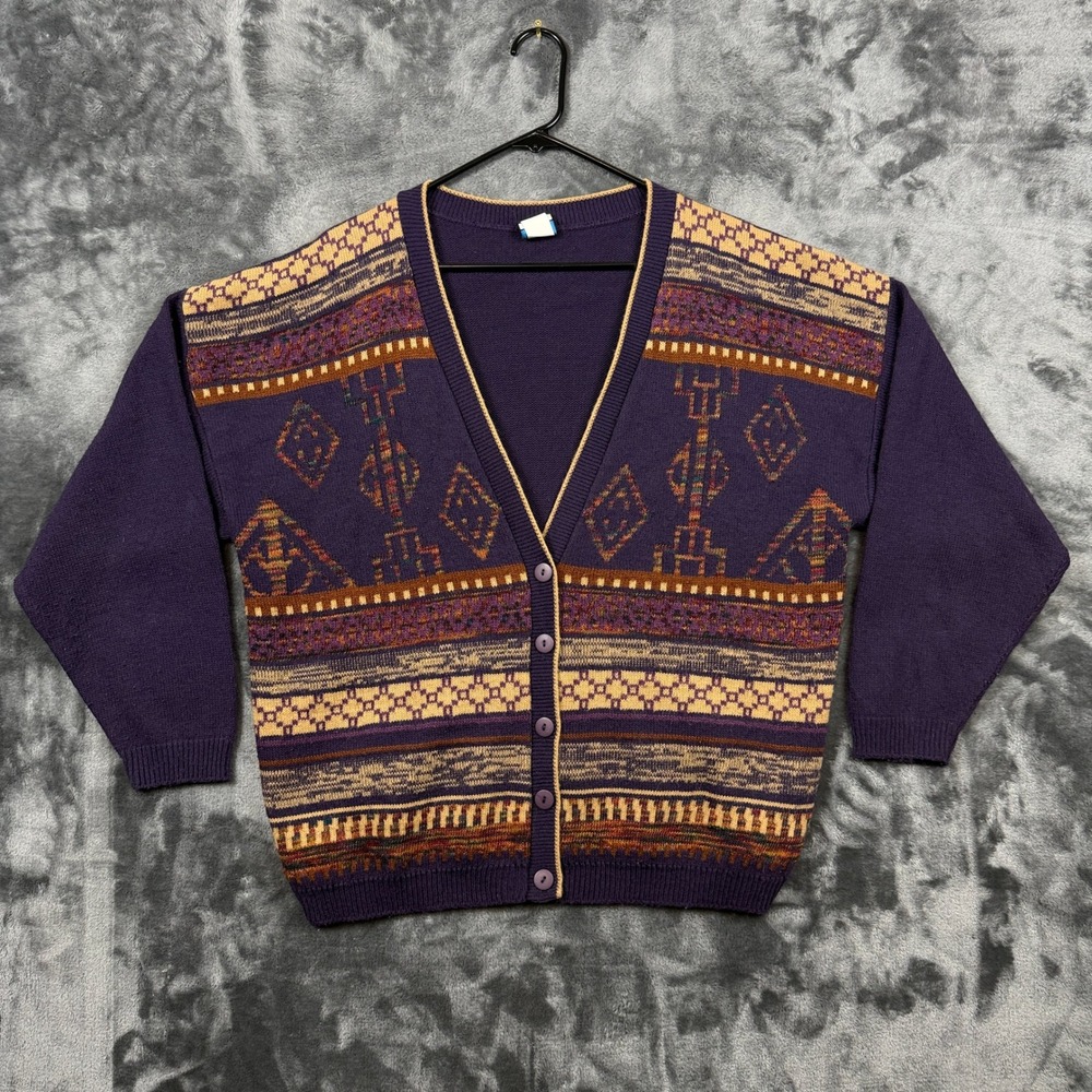 Panther Cardigan Sweater Mens Large Purple Geometric Tribal Knit V-Neck Vintage